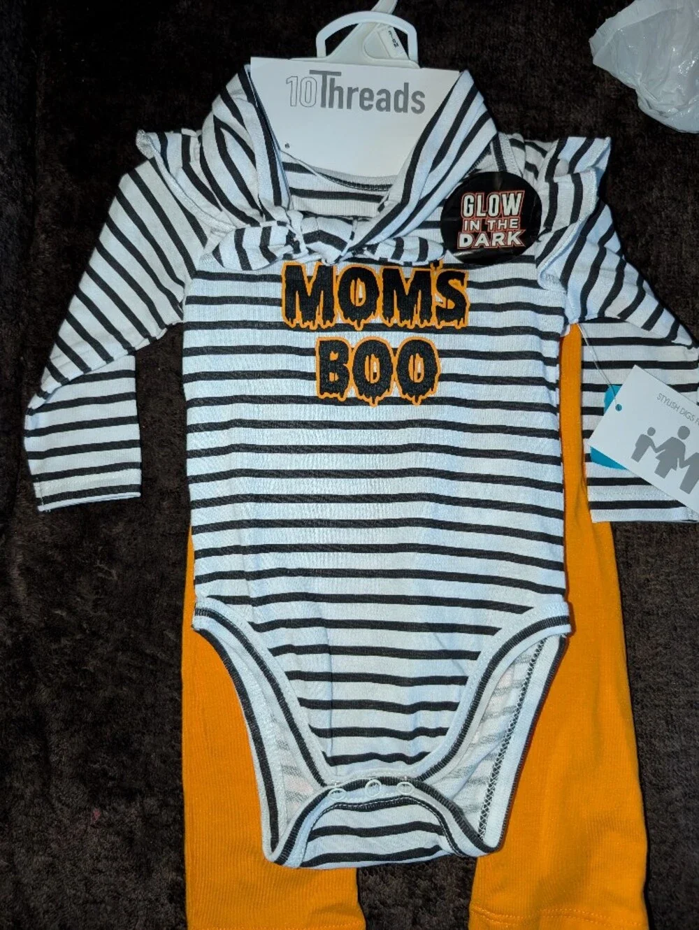 Kids' Black & White Stripe 'Moms Boo' Hoodie Bodysuit with Orange Pants
